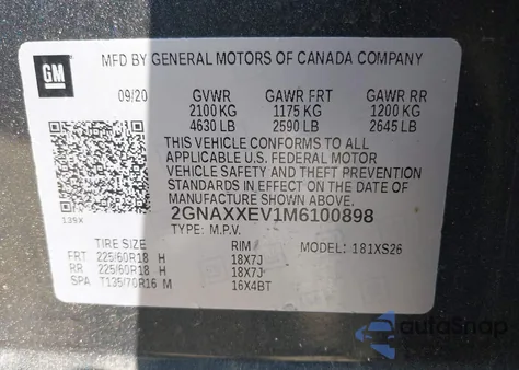 2021 Chevrolet Equinox Awd Premier из США, поврежденный, VIN 2GNAXXEV1M6100898